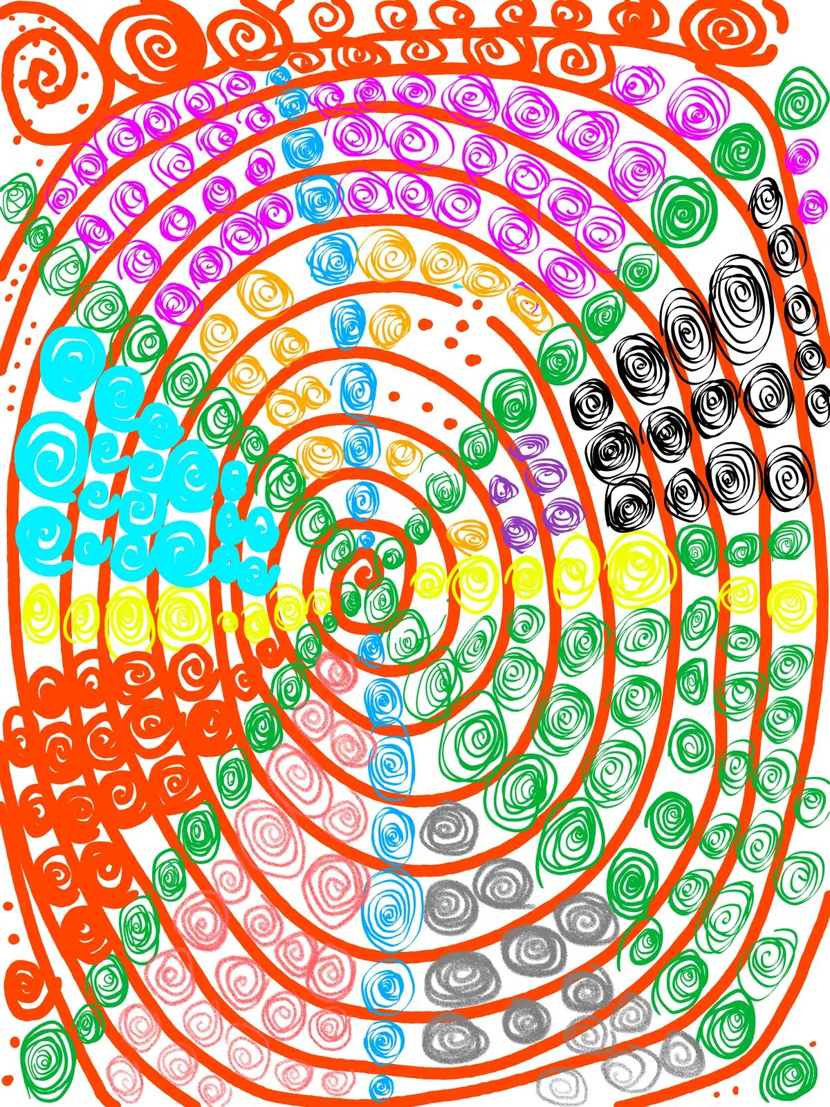 Drawing: one vast vermilion spiral whose rings are filled with small spirals in magenta, green, blue, yellow, black and grey.