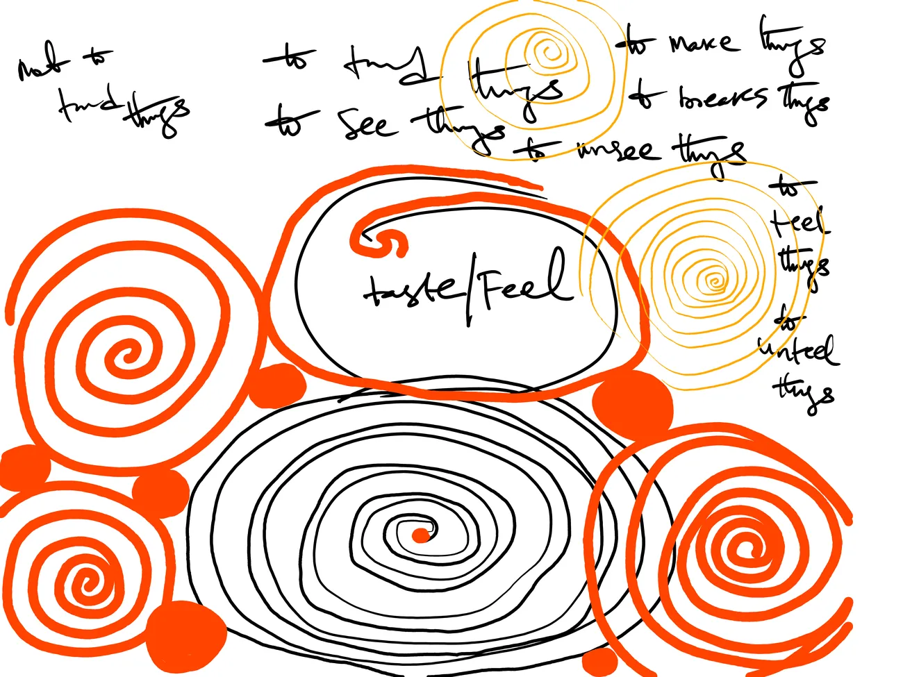 Drawing: vermilion, black and marigold spirals around the words taste/feel, with the handwritten pairs: to make things, to break things, to find things, not to find things, to see things, to unsee things, to feel things, to unfeel things.
