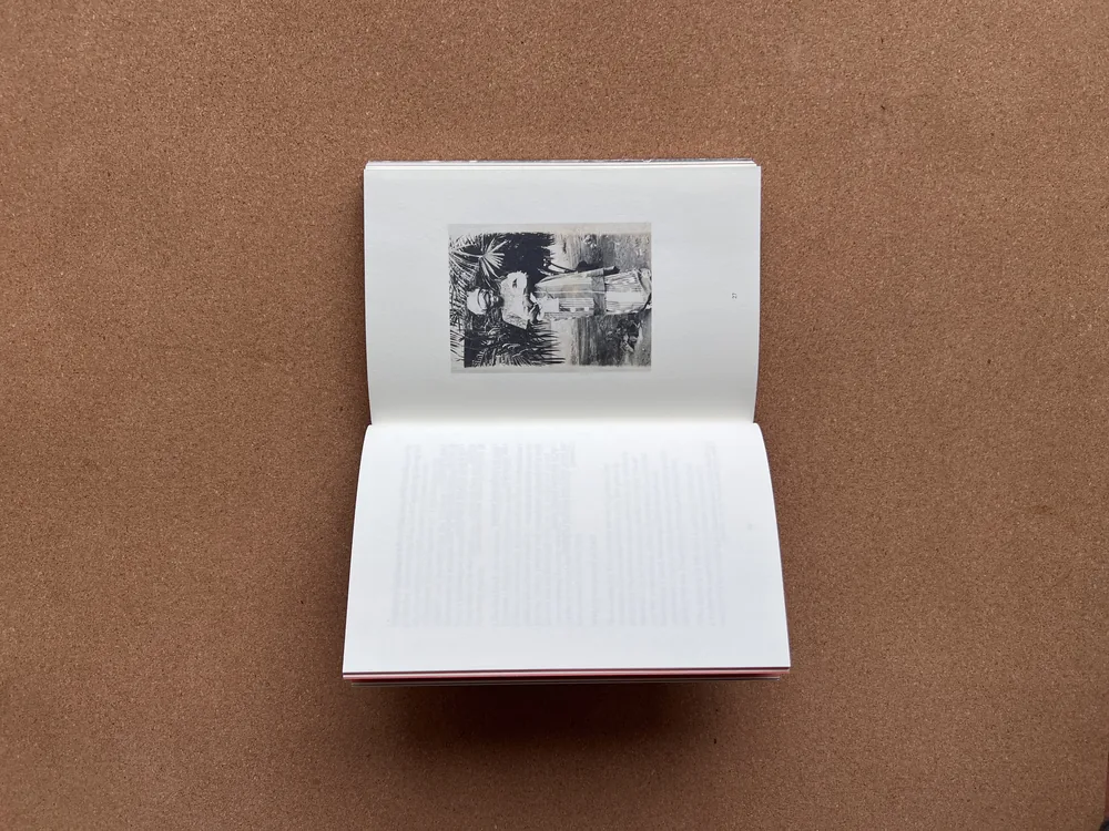 The book open at page 27: a restored family photograph of a woman in patterned cloth standing before palm fronds, opposite a page of text.